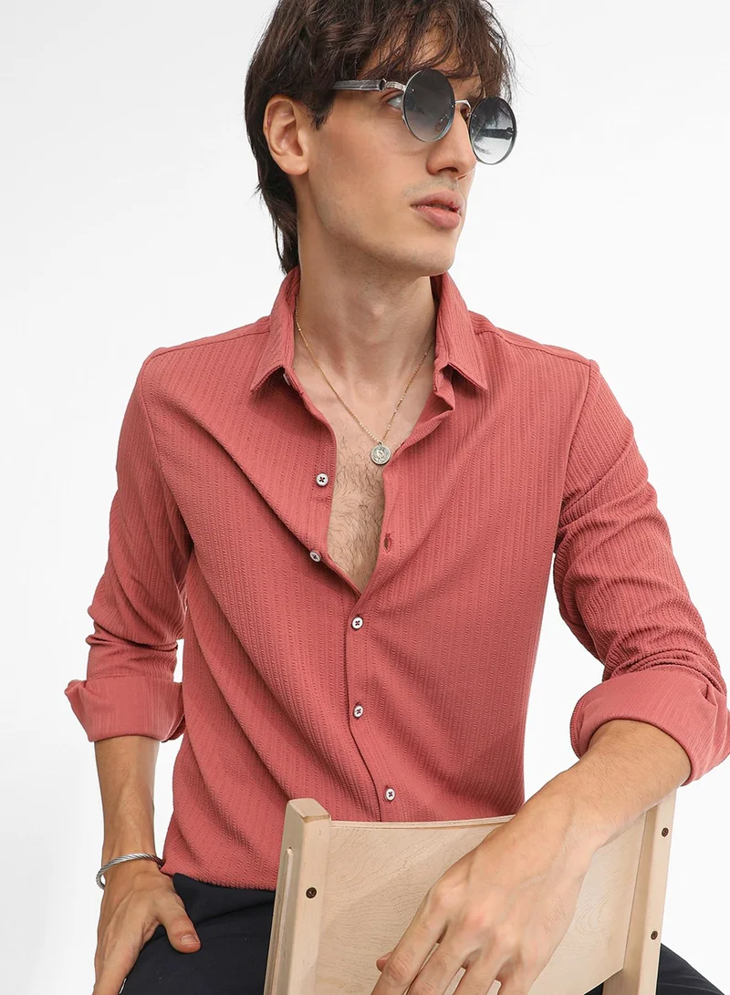 Campus Sutra Campus Sutra Men's Coral Pink Stripe-Creased Shirt For Casual Wear | Spread Collar | Long Sleeve | Button Closure | Shirt Crafted With Comfort Fit For Everyday Wear