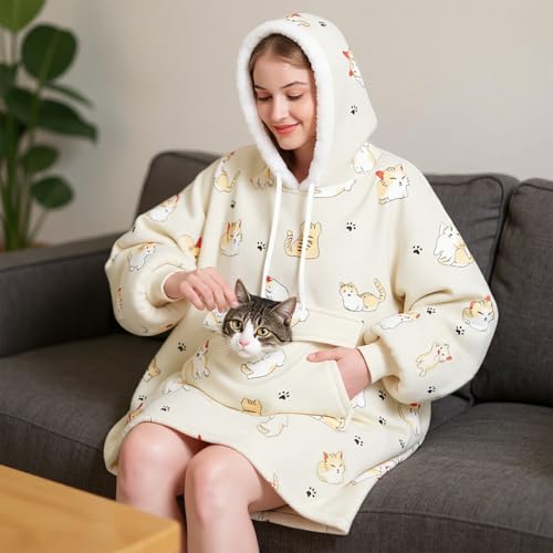 Qeils Wearable Blanket Hoodie for Women, Comfy Sherpa Sweatshirt Blanket as Birthday Christmas Gifts, Oversized Pullover Jacket Blanket Hoodie for Adult (Cat, Adult) - Image 5