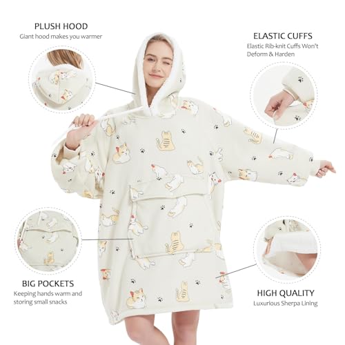 Qeils Wearable Blanket Hoodie for Women, Comfy Sherpa Sweatshirt Blanket as Birthday Christmas Gifts, Oversized Pullover Jacket Blanket Hoodie for Adult (Cat, Adult) - Image 4