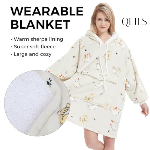 Qeils Wearable Blanket Hoodie for Women, Comfy Sherpa Sweatshirt Blanket as Birthday Christmas Gifts, Oversized Pullover Jacket Blanket Hoodie for Adult (Cat, Adult) - Image 2