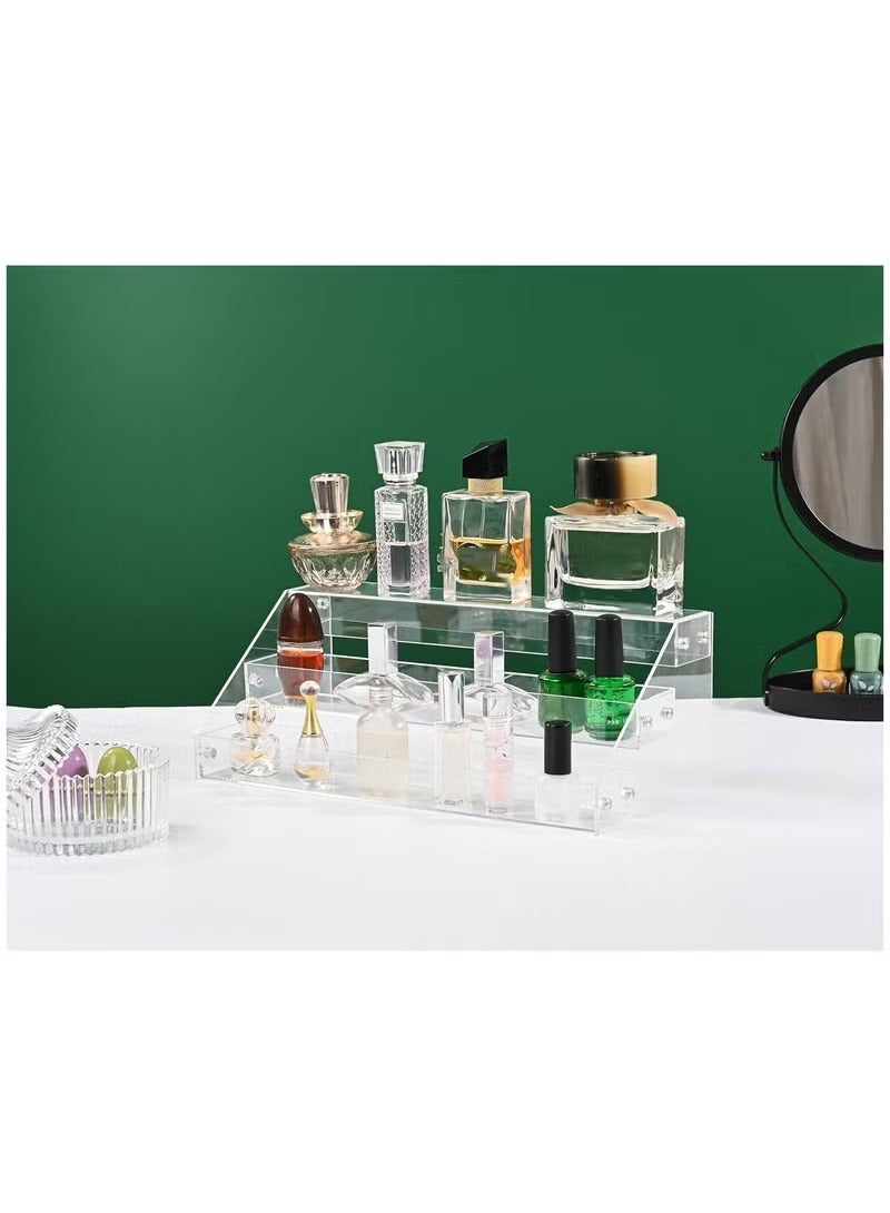 حامل أكريليك، رفوف عرض أكريليك 12 بوصة، منظم عطور شفاف بثلاث طبقات، منظم أكريليك قوي ومستقر للعرض الزخرفي، منظمات للعناية بالبشرة على الطاولة، المقتنيات (ثلاث طبقات) - Image 3