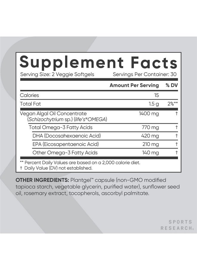 SPORTS RESEARCH Vegan Omega3 Fish Oil Alternative From Algae Oil Highest Levels Of Vegan Dha & Epa Fatty Acids ; Nongmo Verified & Vegan Certified 60 Veggie Softgels (Carrageenan Free)  - Image 3