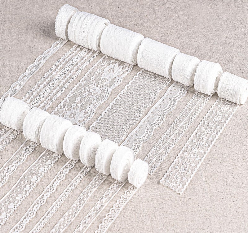 ilauke 82 Yards White Lace Ribbon 15 Rolls Vintage Lace Trims with Assorted Crochet & Sewing Patterns, Vintage Floral Designs for Wedding Decor,Gift Wrapping,Scrapbooking Doll Clothes Decor - Image 1