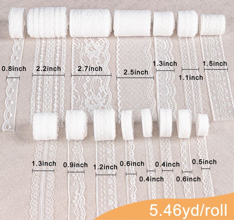 ilauke 82 Yards White Lace Ribbon 15 Rolls Vintage Lace Trims with Assorted Crochet & Sewing Patterns, Vintage Floral Designs for Wedding Decor,Gift Wrapping,Scrapbooking Doll Clothes Decor - Image 2