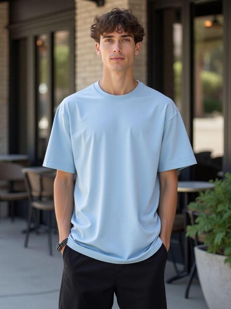 NOBERO Men's Light Blue Oversized Cotton T-Shirt - Image 4