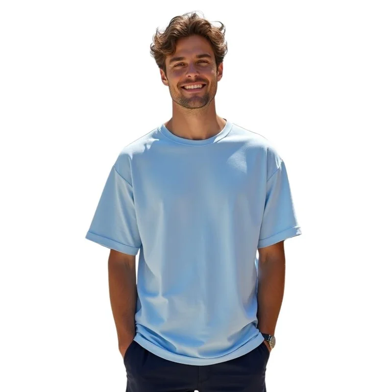 NOBERO Men's Light Blue Oversized Cotton T-Shirt