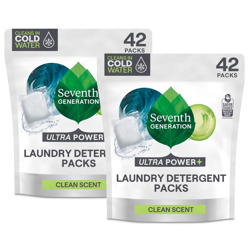 Seventh Generation Laundry Detergent Packs, Ultra Power+, Clean Scent, EPA Safer Choice Certified, 84 Loads (2 pouches, 42 Ct EA) - Image 1