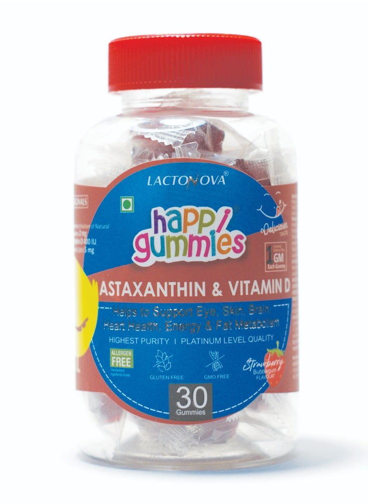 Happi Gummies - Astaxanthin & Vitamin D for Eye, Skin, Brain & Heart Health | With Vitamin E & 1g Fiber | No Added Sugar | Strawberry Flavor | 30 Gummies for Adults & Kids - Image 1