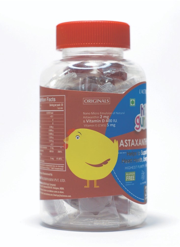 Happi Gummies - Astaxanthin & Vitamin D for Eye, Skin, Brain & Heart Health | With Vitamin E & 1g Fiber | No Added Sugar | Strawberry Flavor | 30 Gummies for Adults & Kids - Image 1