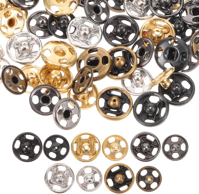 KALLORY 100 Sets 6mm Metal Round Snap Fasteners Sewing Buttons for Clothing DIY Crafts Jackets Coats with Silver Gold Gunmetal Antique Copper Black Colors - Image 1