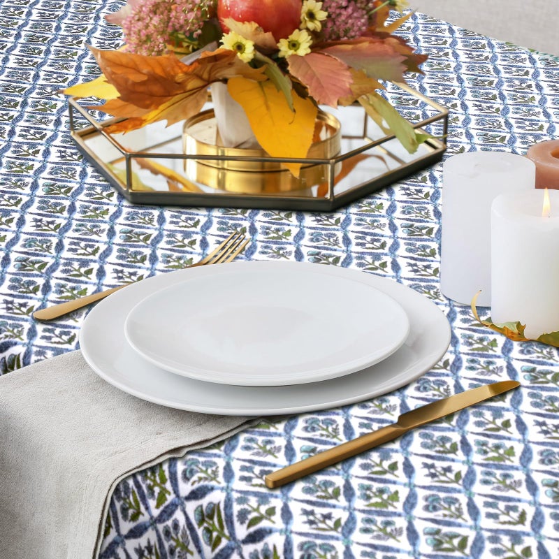 Newtay 60'' x 90'' Hand Block Print Mahjong Table Cloth Square Cotton Floral Tablecloth Washable Print Rectangle Table Cover with Dust Proof for Kitchen Dining Party(60'' X 90'',Light Steel,Blue) - Image 4
