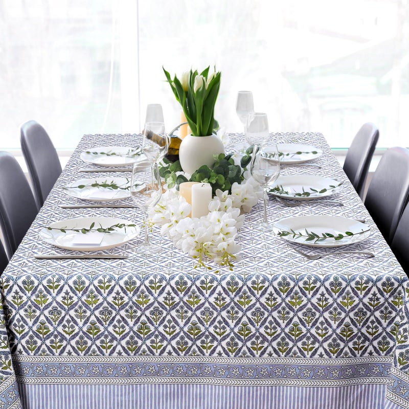 Newtay 60'' x 90'' Hand Block Print Mahjong Table Cloth Square Cotton Floral Tablecloth Washable Print Rectangle Table Cover with Dust Proof for Kitchen Dining Party(60'' X 90'',Light Steel,Blue) - Image 5
