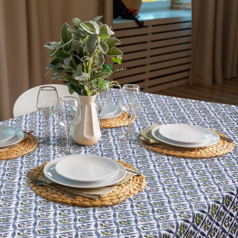 Newtay 60'' x 90'' Hand Block Print Mahjong Table Cloth Square Cotton Floral Tablecloth Washable Print Rectangle Table Cover with Dust Proof for Kitchen Dining Party(60'' X 90'',Light Steel,Blue) - Image 3