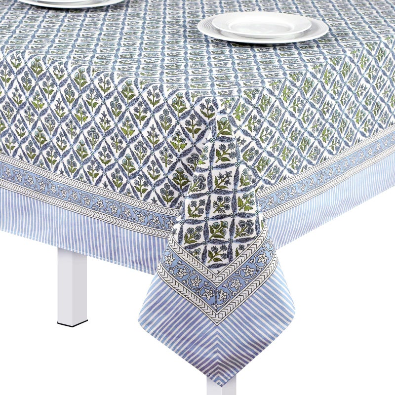 Newtay 60'' x 90'' Hand Block Print Mahjong Table Cloth Square Cotton Floral Tablecloth Washable Print Rectangle Table Cover with Dust Proof for Kitchen Dining Party(60'' X 90'',Light Steel,Blue) - Image 1