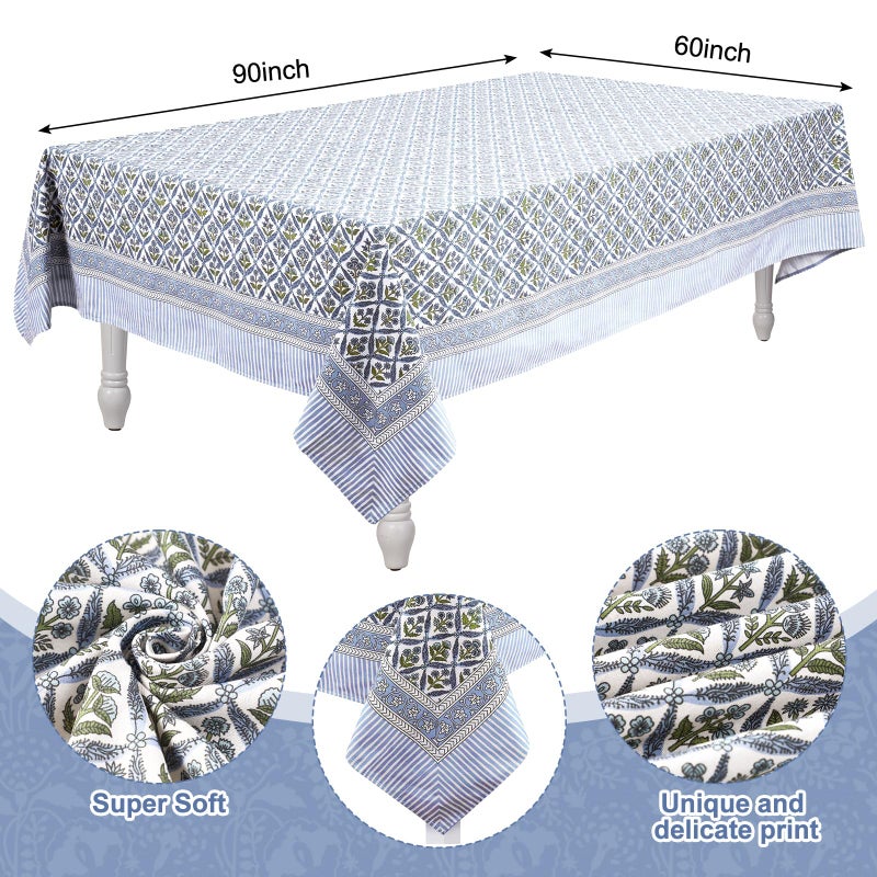 Newtay 60'' x 90'' Hand Block Print Mahjong Table Cloth Square Cotton Floral Tablecloth Washable Print Rectangle Table Cover with Dust Proof for Kitchen Dining Party(60'' X 90'',Light Steel,Blue) - Image 2