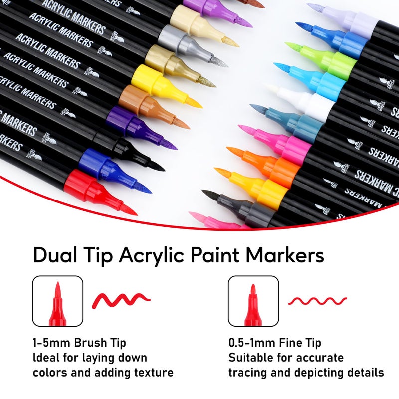 Pagather 24 Colors Acrylic Paint Markers, Dual Tip with Fine Tip and Brush Tip Pens for Stone, Wood, Calligraphy, Canvas, Ceramic, Metal, Glass, Rock Painting, DIY Crafts - Image 2