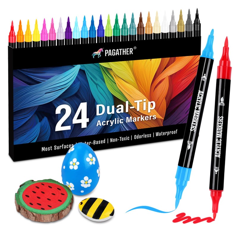 Pagather 24 Colors Acrylic Paint Markers, Dual Tip with Fine Tip and Brush Tip Pens for Stone, Wood, Calligraphy, Canvas, Ceramic, Metal, Glass, Rock Painting, DIY Crafts - Image 1