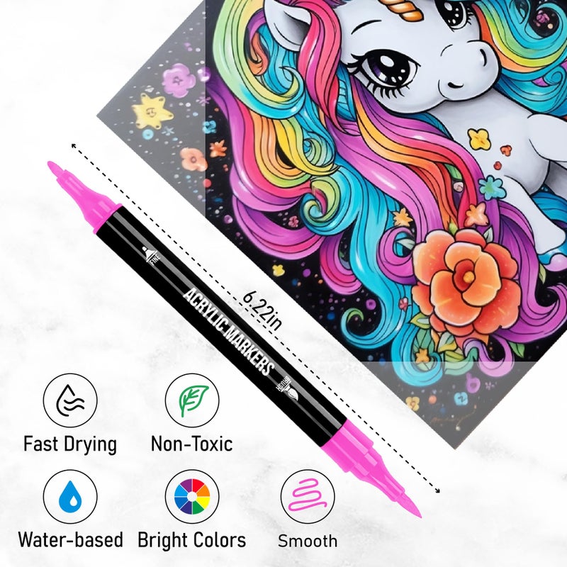 Pagather 24 Colors Acrylic Paint Markers, Dual Tip with Fine Tip and Brush Tip Pens for Stone, Wood, Calligraphy, Canvas, Ceramic, Metal, Glass, Rock Painting, DIY Crafts - Image 3