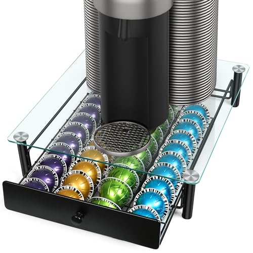 ROWISE Coffee Pod Drawers, Crystal Tempered Glass Pod Holder Drawer Compatible with Nespresso Capsules, Holds Up to 40 Capsules, Size 14"x15.5"x4.5" - Image 1
