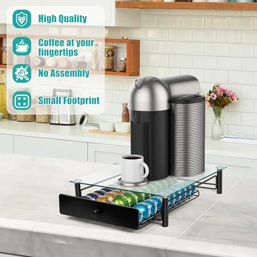 ROWISE Coffee Pod Drawers, Crystal Tempered Glass Pod Holder Drawer Compatible with Nespresso Capsules, Holds Up to 40 Capsules, Size 14"x15.5"x4.5" - Image 3