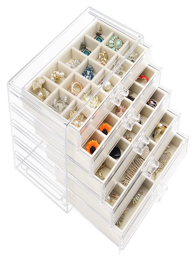 Watpot Acrylic Jewelry Box with 5 Drawers, Clear Earring Storage Organizer Display Case for Women Girls, Beige - Image 1