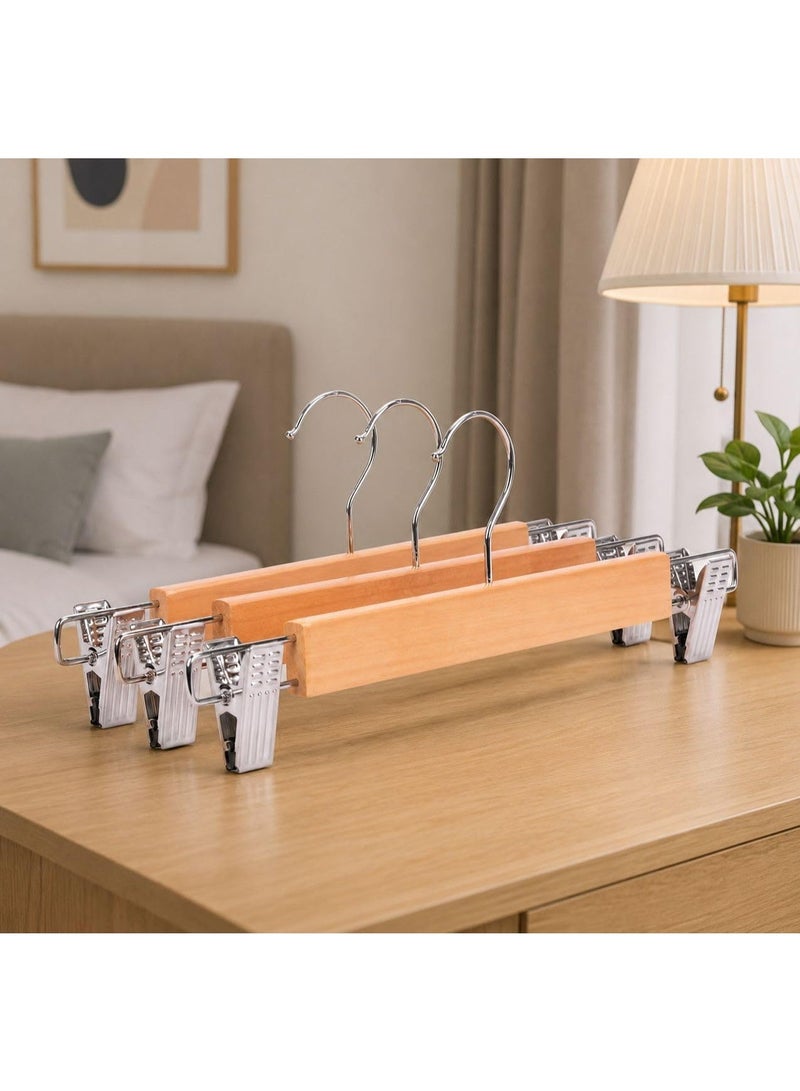 Wooden Pants Hangers with Stainless Steel Clips - 360° Swivel Hook - Set of 3 - Image 1