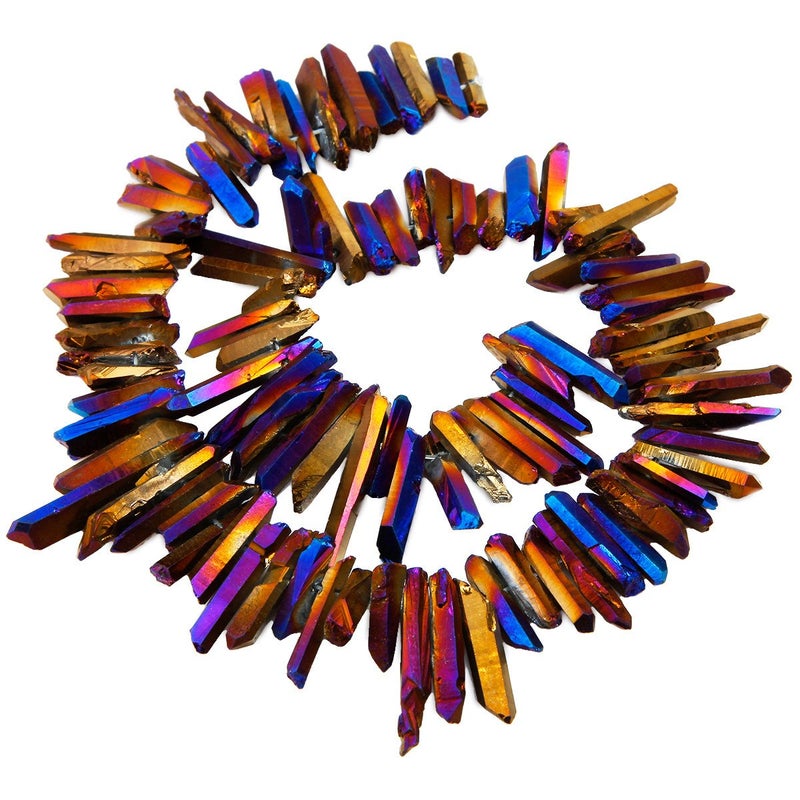 SUNYIK PurpleGoldBlue Titanium Coated Crystal Points Quartz Rough Sticks Spikes Point Beads 15 inch Strand Drilled