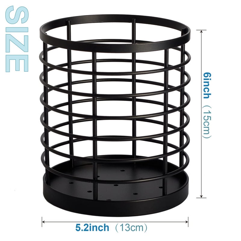 WDT Tool Utensil holder for Kitchen Counter - 5.2" x 5.2" x 6" Large Round Utensils Holder with Wooden Base Matte Black Cooking Utensil Holderï¼ŒKitchen countertop Utensil Organizer (Metal) - Image 4