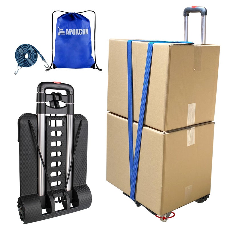 APOXCON Folding Hand Truck Aluminum Lightweight Dolly Cart with 2 Full Rotating Front Wheels 2 Rear Tank Wheels 360 LB Heavy Duty Luggage Cart Come with Bungee Cord and Drawstring Backpack