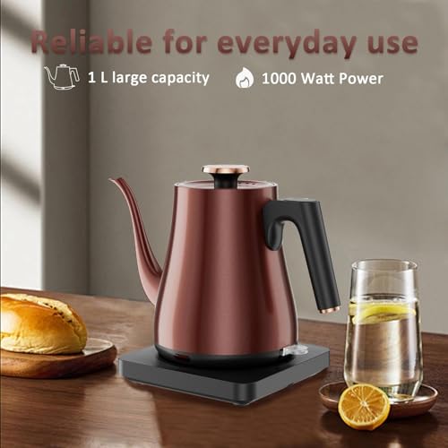 Tuehakny Gooseneck Electric Kettle 1.0L, 1000W Rapid Boil In 4 Min, Stainless Steel Tea Kettle, Pour Over Coffee Kettles For Office/Tea/Travel/Kitchen, Auto Shut-Off, Vintage Copper Color, BPA-Free - Image 2