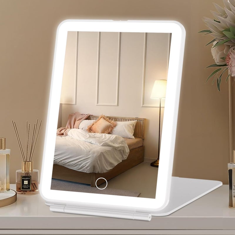 مرآة مكياج سفر LED قابلة للشحن محمولة مع 3 ألوان إضاءة 72 LED مع مستشعر لمسي لتعتيم مرآة تجميل سطح الطاولة
