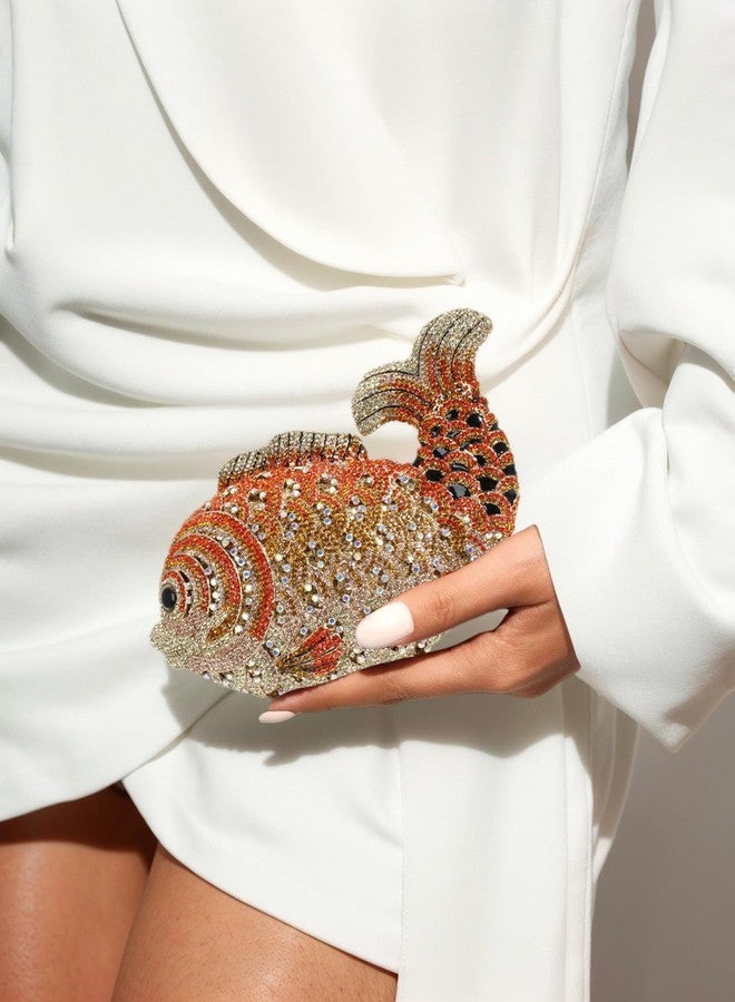 Tngan Women Mini Fish Clutch Luxury Rhinestones Purse Sparkling Banquet Handbag Wedding Party Clutch Bag, Gold Orange - Image 3