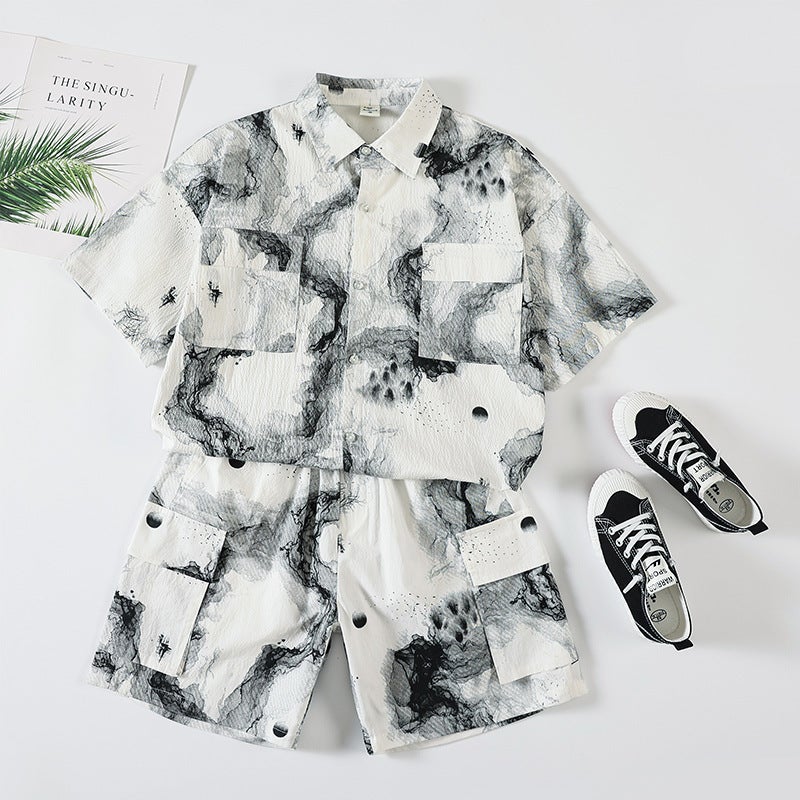 Boys Summer Suit 2023 Thin Ink Painting Short Sleeve Shirt with Shorts White