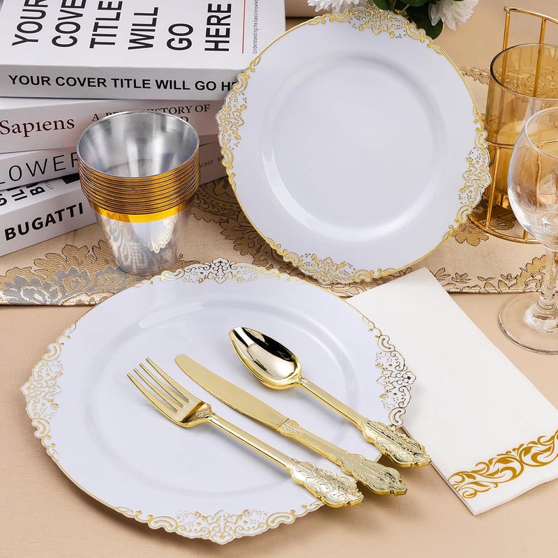 Bestluck 350PCS White and Gold Plastic Plates for 50 Guests, Disposable Dinnerware Set Includes 100 Disposable Plates, 150 Gold Silverware, 50 Cups, 50 Napkins for Party, Wedding and Easter - Image 5
