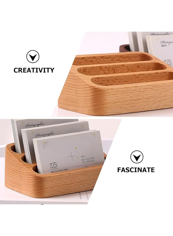 erorex Business Card Holder Beech Business Card Case Desktop Business Card Stand Office Desk Wooden Business Card Holder Organizer Pen Storage Box Beech 3 Grids  - Image 2