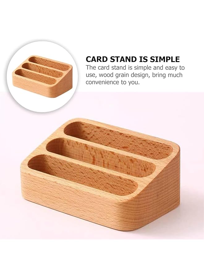 erorex Business Card Holder Beech Business Card Case Desktop Business Card Stand Office Desk Wooden Business Card Holder Organizer Pen Storage Box Beech 3 Grids  - Image 3