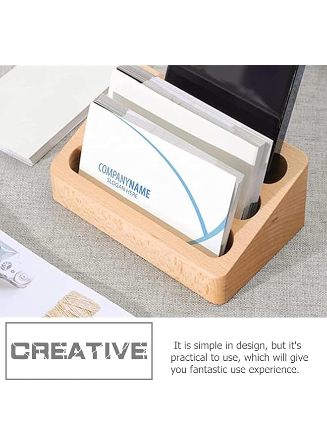 erorex Business Card Holder Beech Business Card Case Desktop Business Card Stand Office Desk Wooden Business Card Holder Organizer Pen Storage Box Beech 3 Grids  - Image 5