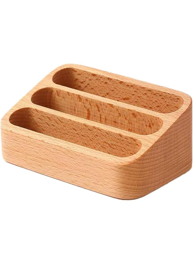 erorex Business Card Holder Beech Business Card Case Desktop Business Card Stand Office Desk Wooden Business Card Holder Organizer Pen Storage Box Beech 3 Grids  - Image 1