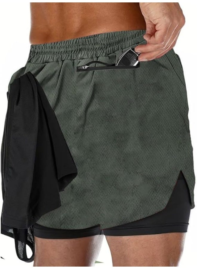 VITION Gym Shorts for Men, Men's Activewear Running Shorts,Drawstring Gym Shorts Men, 2 Layer Loose Athletic Shorts with 4 Pockets (Medium, Army Green) - Image 3