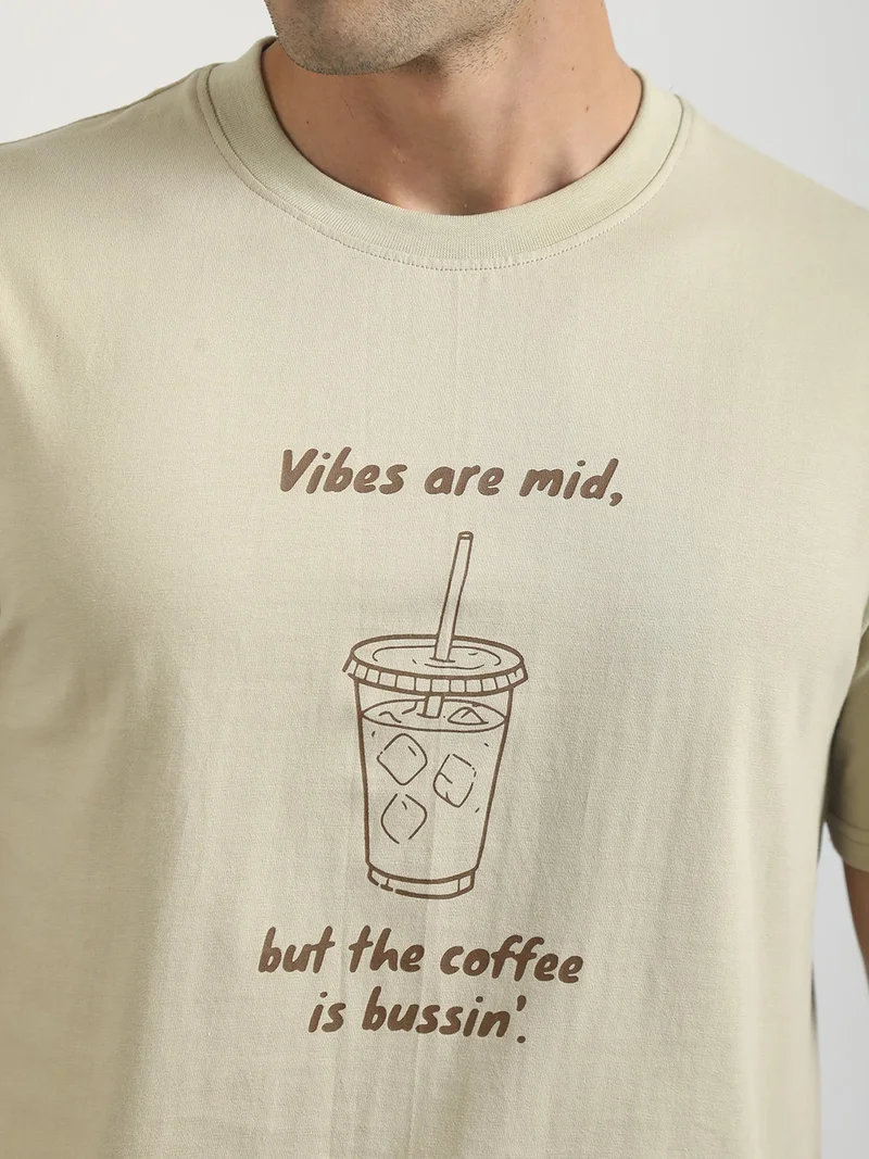 Maniac  Maniac Mens Printed Round Neck Half Sleeve Cream and Black Cotton T-Shirt for Men | Best Price UAE