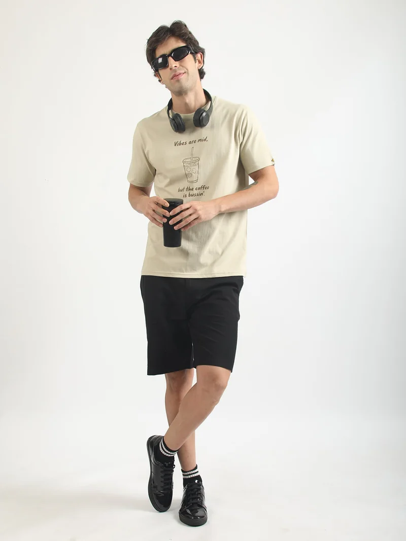 Maniac  Maniac Mens Printed Round Neck Half Sleeve Cream and Black Cotton T-Shirt for Men | Best Price UAE