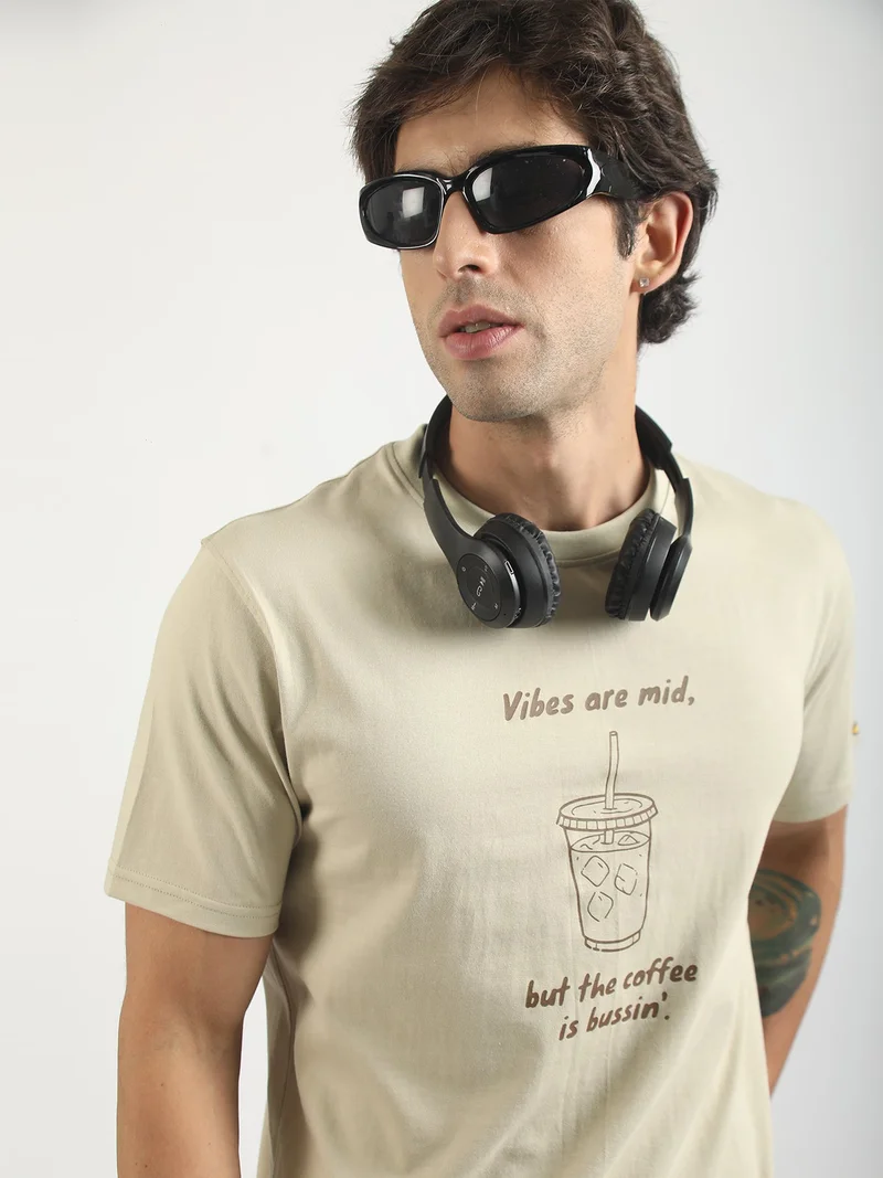Maniac  Maniac Mens Printed Round Neck Half Sleeve Cream and Black Cotton T-Shirt for Men | Best Price UAE