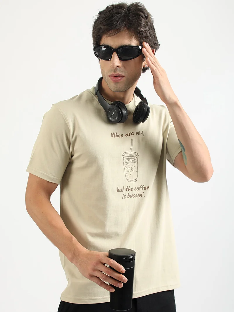 Maniac Mens Printed Round Neck Half Sleeve Cream and Black Cotton T-Shirt