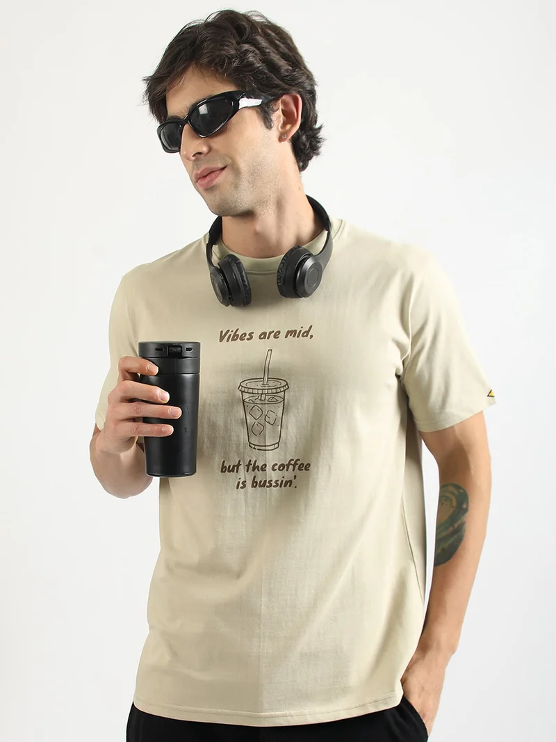 Maniac  Maniac Mens Printed Round Neck Half Sleeve Cream and Black Cotton T-Shirt for Men | Best Price UAE