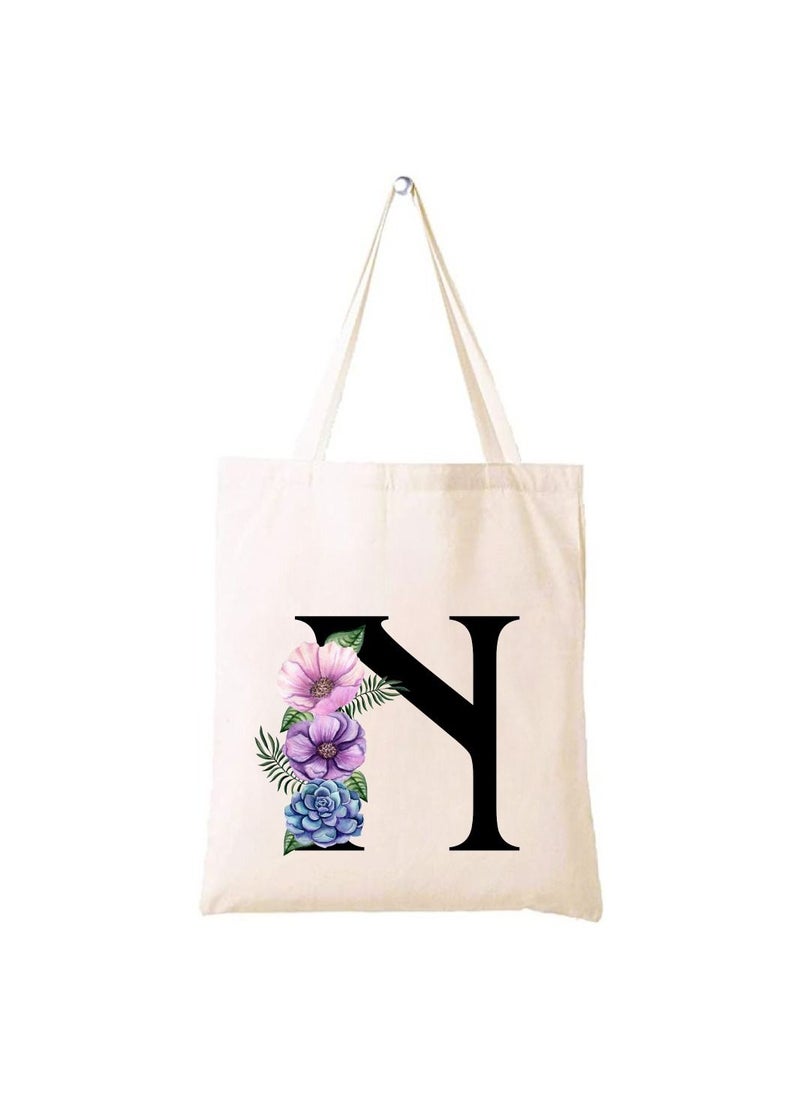 PRINTSHOP4ME Eco-Friendly Canvas Cotton Tote Bag with Floral Design on Initial Letters Printed Bridesmaids Bags for Women- Reusable Shopping Bag, Party Gift Idea and Cotton Gift Bag  - Image 1