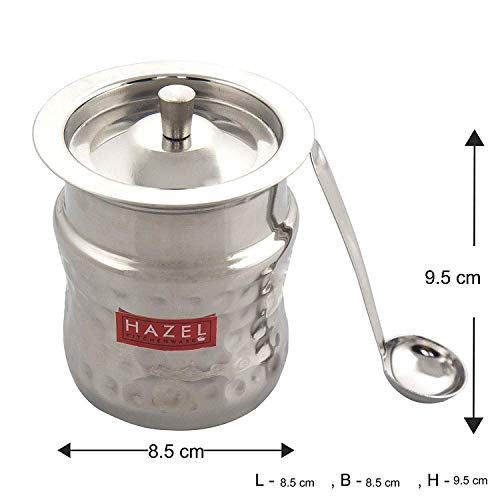 HAZEL Ghee Pot With Spoon | Stainless Steel Hammered Finish Ghee Container For Kitchen | Premium Oil Container With Lid For Pooja Items, 400 ML - Image 5
