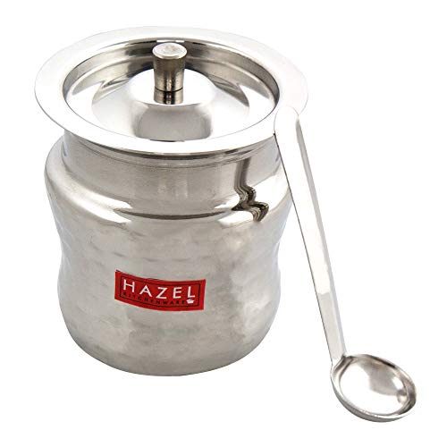 HAZEL Ghee Pot With Spoon | Stainless Steel Hammered Finish Ghee Container For Kitchen | Premium Oil Container With Lid For Pooja Items, 400 ML - Image 1