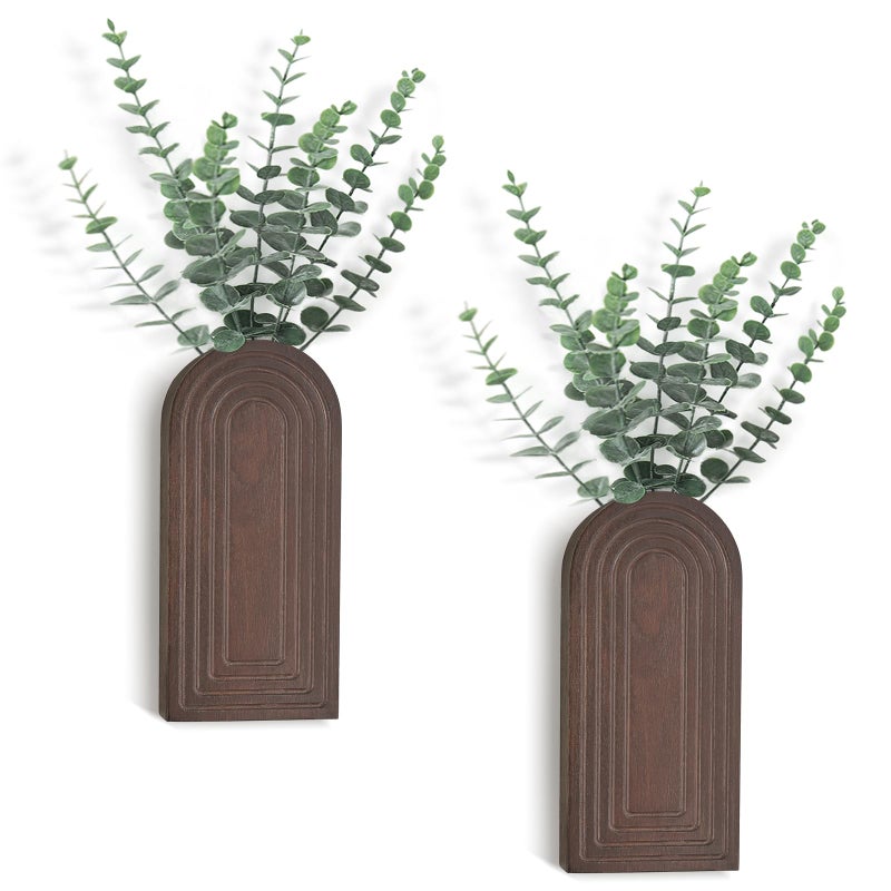 داهي مزهرية جدارية خشبية من داهي مع أوكالبتوس صناعي، عبوة من قطعتين، مزهرية معلقة للنباتات الصناعية الداخلية، ديكور جداري عصري بوهيمي ريفي للحمام وغرفة النوم والمطبخ والمكتب والمنزل، بني - Image 1