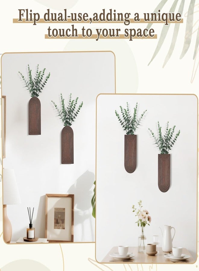 داهي مزهرية جدارية خشبية من داهي مع أوكالبتوس صناعي، عبوة من قطعتين، مزهرية معلقة للنباتات الصناعية الداخلية، ديكور جداري عصري بوهيمي ريفي للحمام وغرفة النوم والمطبخ والمكتب والمنزل، بني - Image 5