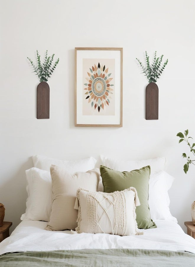 داهي مزهرية جدارية خشبية من داهي مع أوكالبتوس صناعي، عبوة من قطعتين، مزهرية معلقة للنباتات الصناعية الداخلية، ديكور جداري عصري بوهيمي ريفي للحمام وغرفة النوم والمطبخ والمكتب والمنزل، بني - Image 3